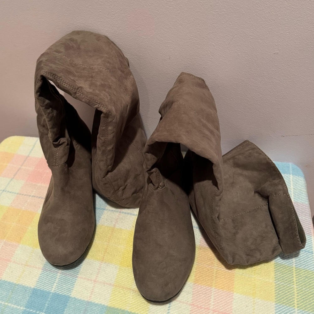 New Brown Suede with a Fold-Over Design.